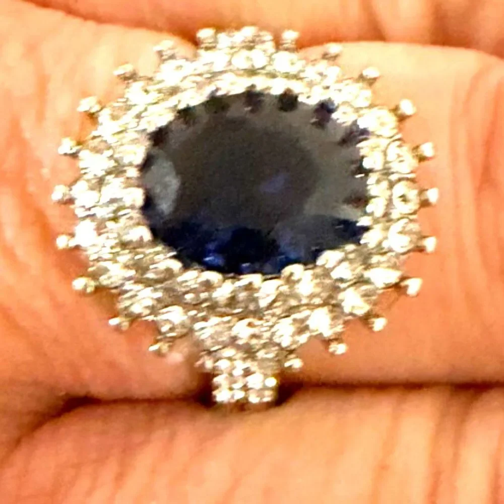 Synthetic Blue Sapphire Halo Ring Silver Tone Oval Crystal Size: 8.5